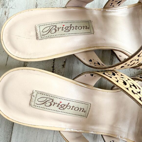 BRIGHTON Tinsel Leather Strappy High Heel Open Toe Beige Sandals Womens Size 7.5 - Picture 6 of 16